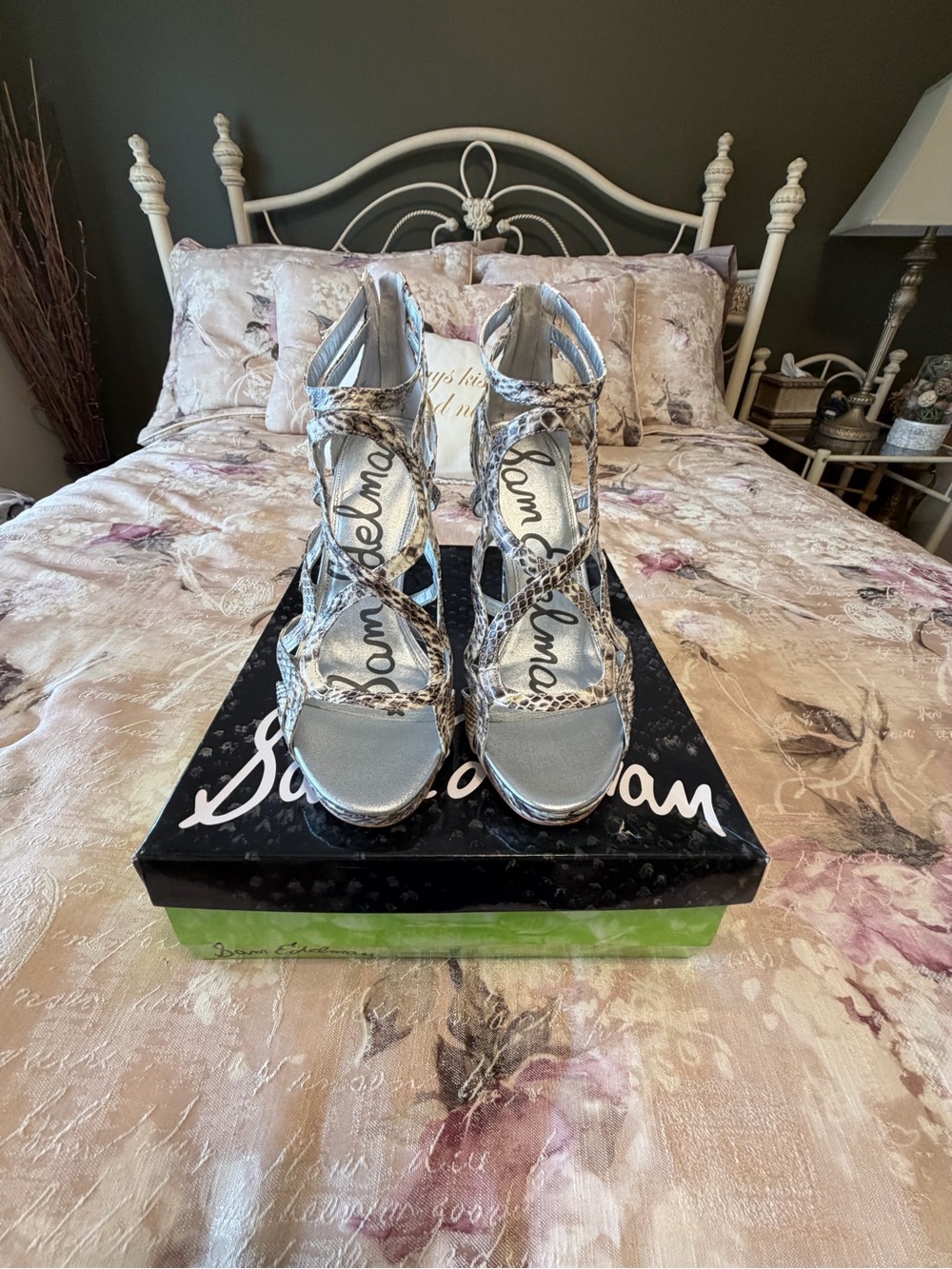 Sam Edelman Metallic Silver Snake-Print Strappy Heels